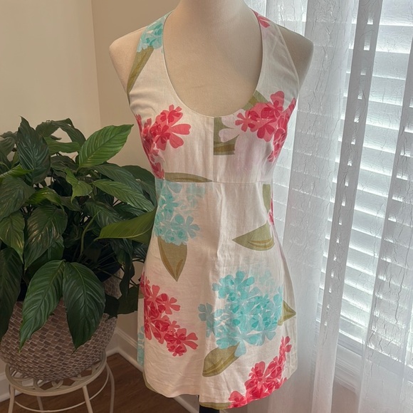 Floral Backless Dress - White with Pink and Blue Accents - Picture 1 of 4